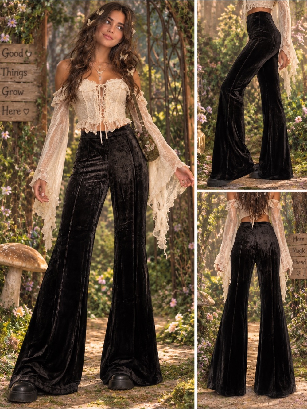 Velvet High-Waist Flared Pants - Brown